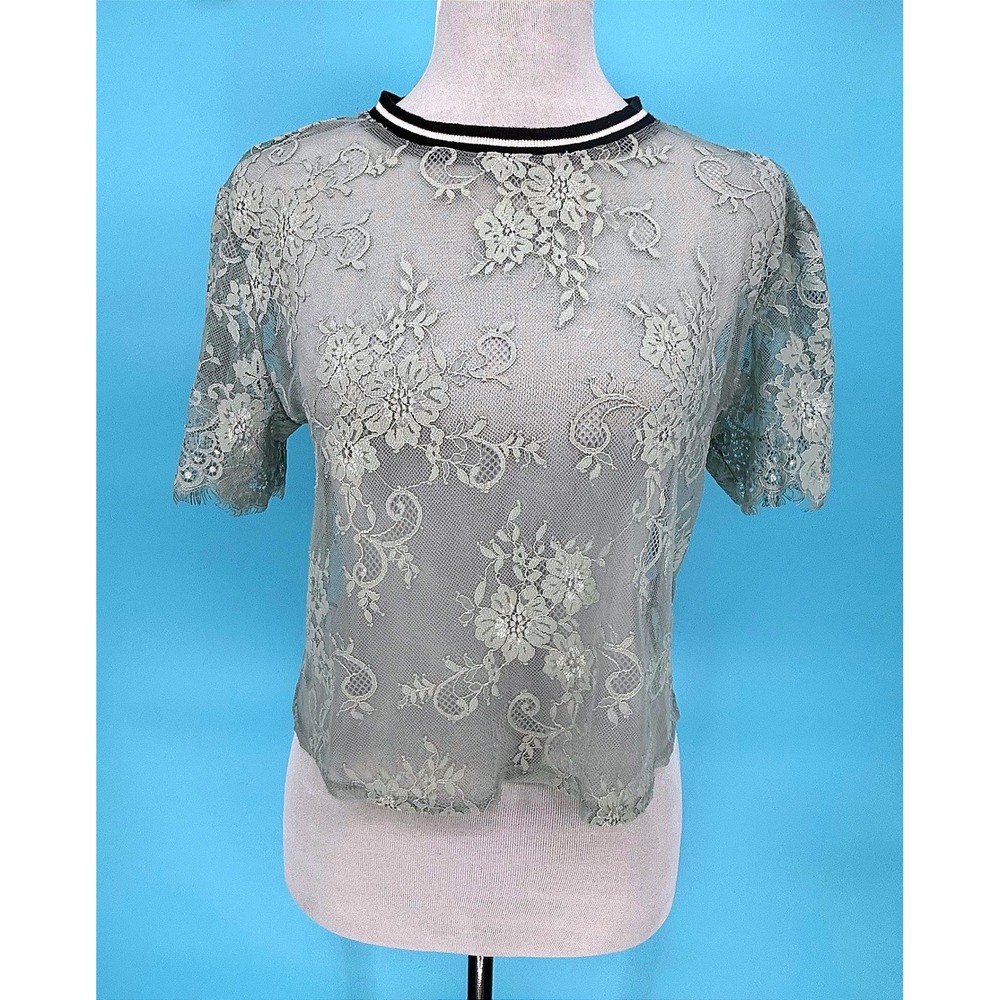 H&M Divided Sage Green Floral Lace Sheer Crop Top Ringer Neck Small 0486864 5